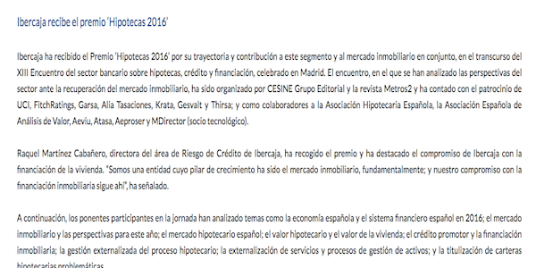 Ibercaja recibe el premio ‘Hipotecas 2016’