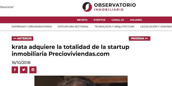 Krata adquiere la totalidad de la startup inmobiliaria Precioviviendas.com (Observatorio Inmobiliario)