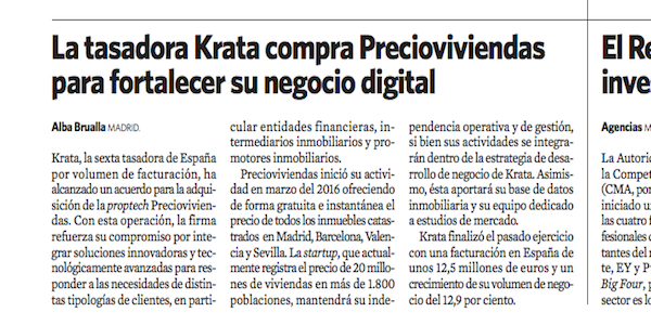 La tasadora Krata compra Precioviviendas para fortalecer su negocio digital (artículo en El Economista)